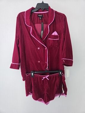 Room Service Velvet Pajama Set - Women's Burgundy with Pink Trim Size M